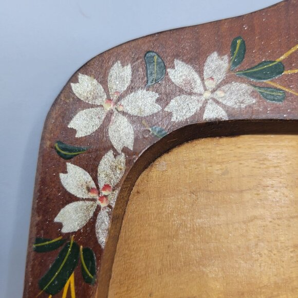 Vintage Wood Hand Carved Painted Crumb Tray & Scraper Floral & Bird Design Japan - Picture 8 of 11